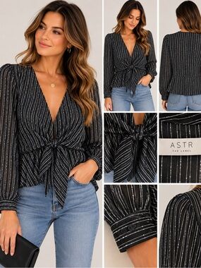 ASTR The Label Black White Stripe Tie Front Peplum Blouse XS